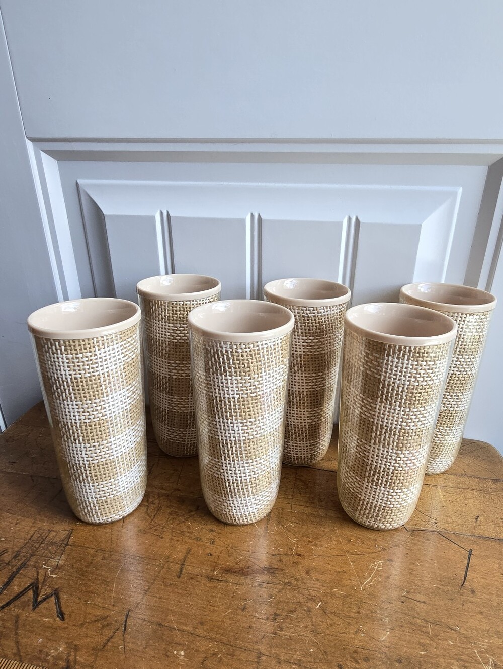 Vintage MCM Woven Raffia Acrylic Tumblers Set of 6 Highball Glasses Boho Retro